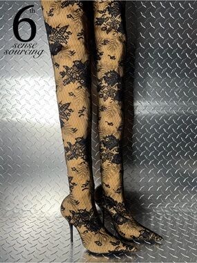 Balenciaga Dentelle Lace Over The Knee Lace Knife Boots in Beige/Black 37